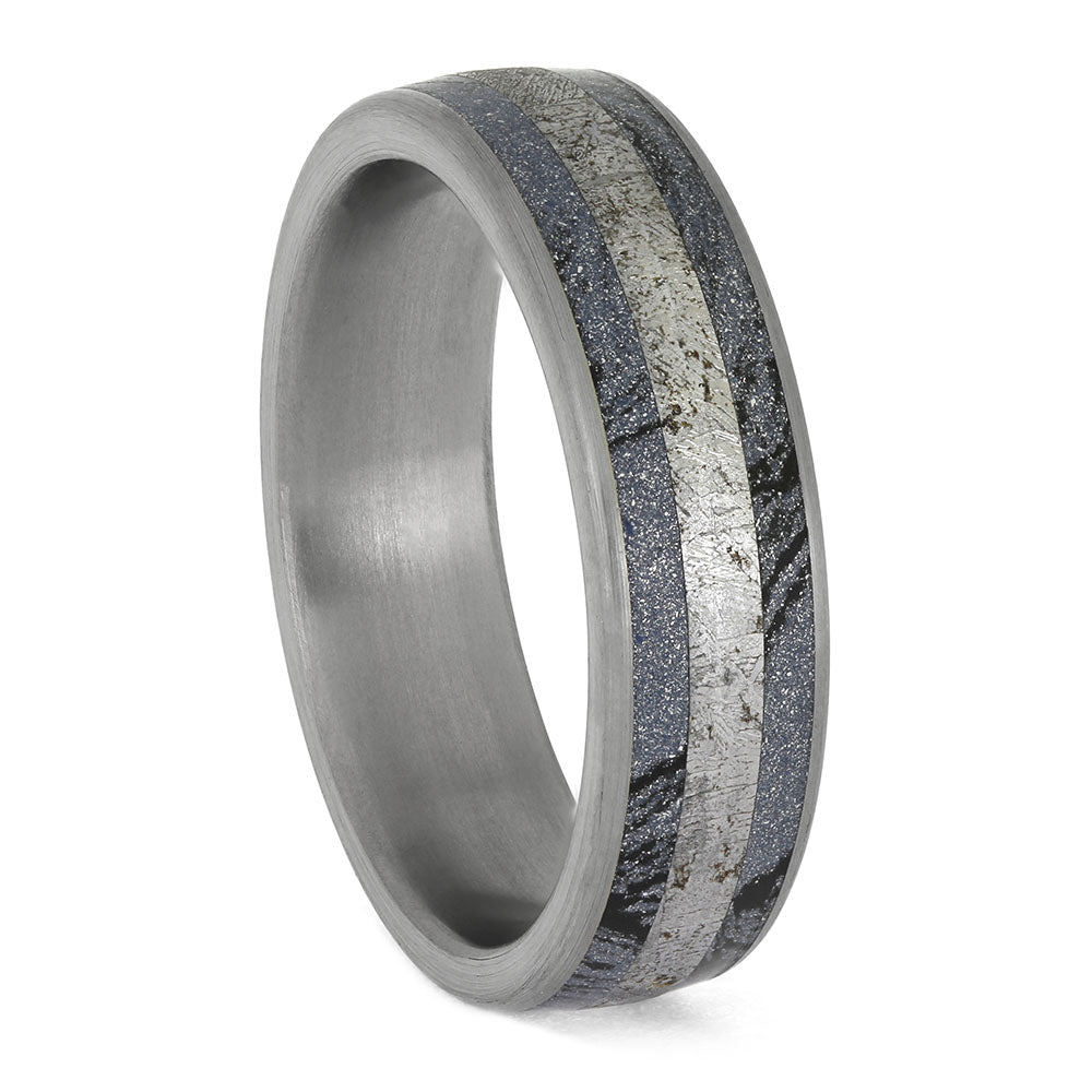 Handcrafted Mokume Gane and Meteorite Ring in titanium with silver and dark patterned inlays. Ready-to-ship men's wedding band, round profile.