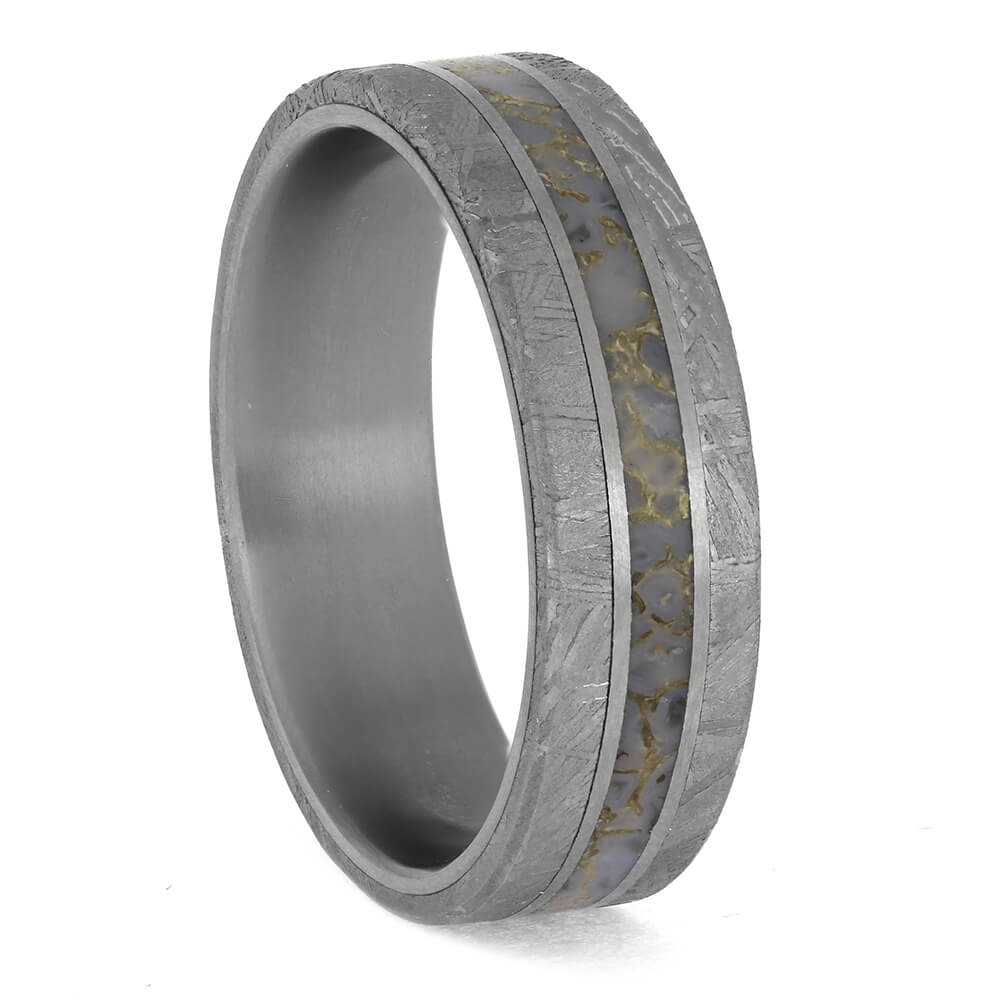 by Jewelry by Johan Premium Colored Dinosaur Bone Surrounded by Genuine Meteorite on Titanium Band 000618