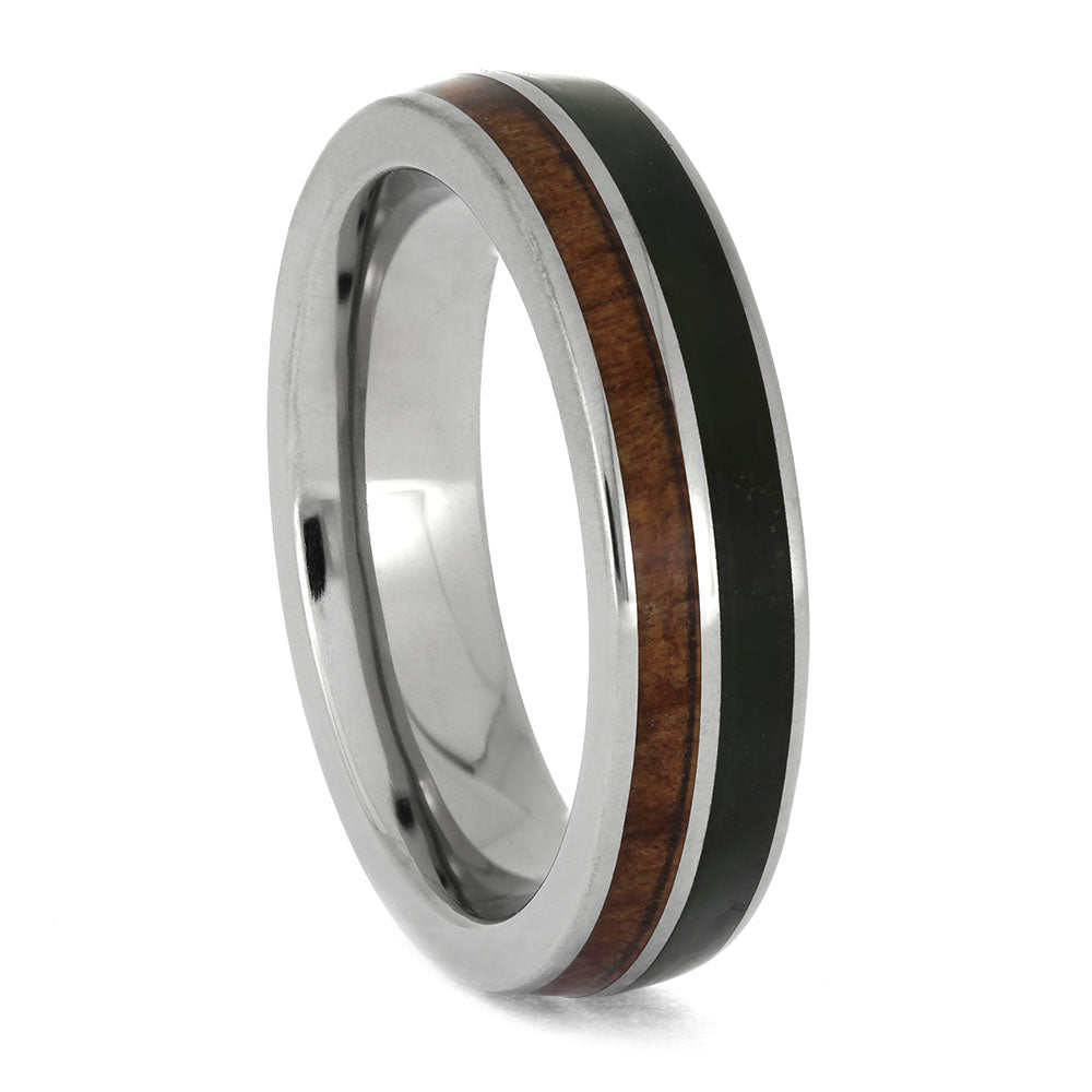 Men's Jade and Redwood Ring in Titanium Band with round profile, showcasing a sleek contrast of natural wood and green jade in a 5mm polished titanium setting.