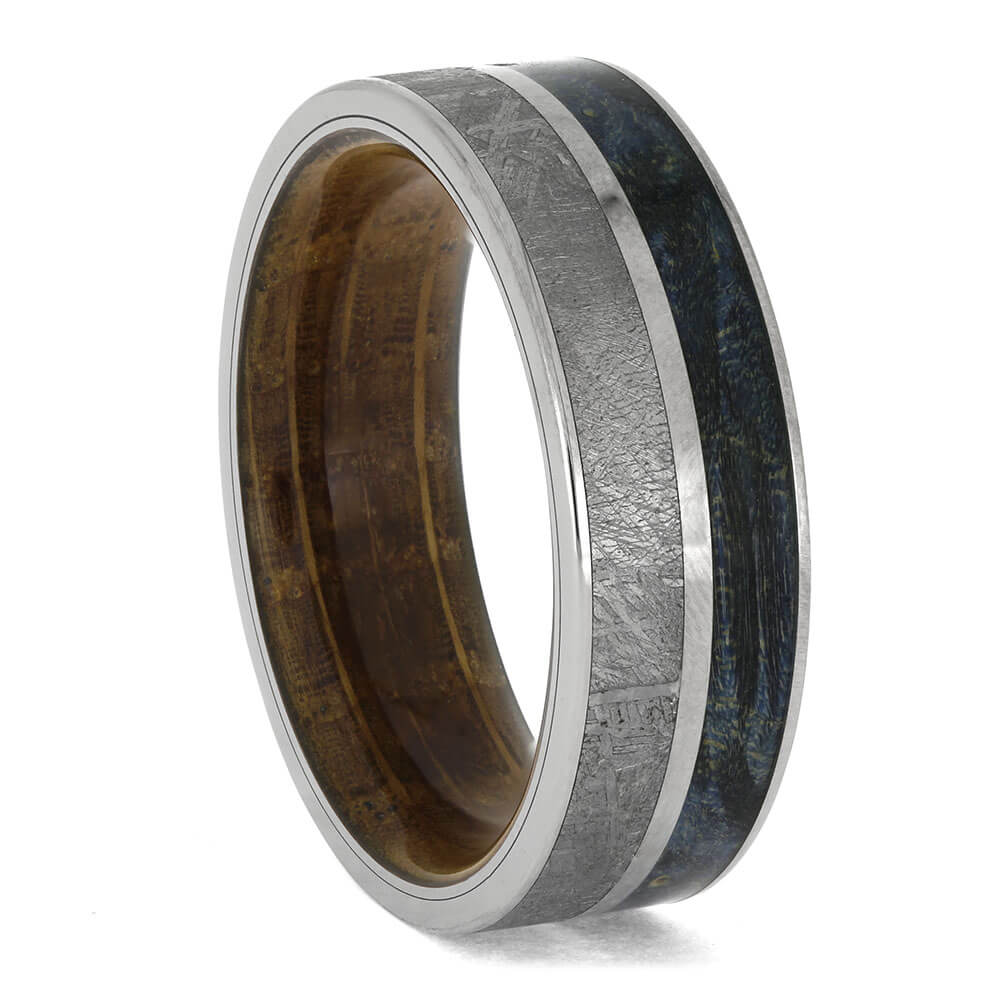 Blue Wood and Whiskey Barrel Ring with Meteorite