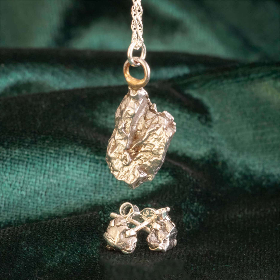 Matching rough meteorite stone pendant necklace and stud earrings set, Campo del Cielo gift set