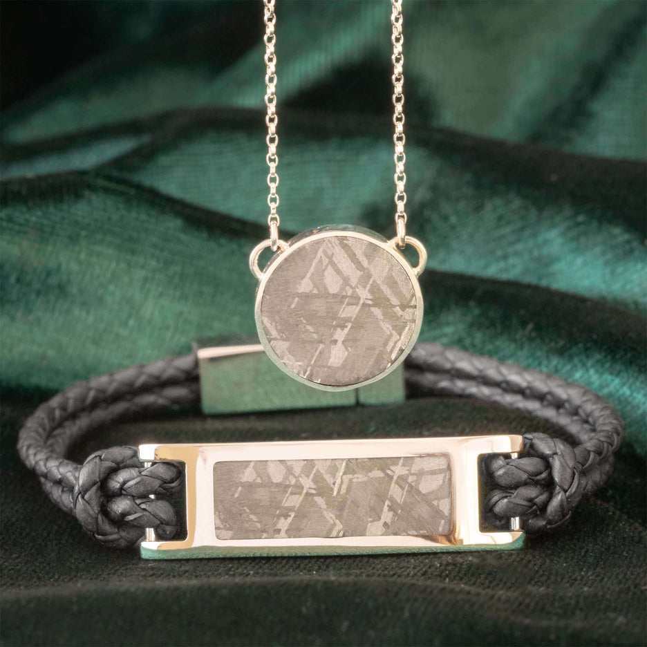 Matching Gibeon meteorite pendant necklace and leather bracelet set with geometric design