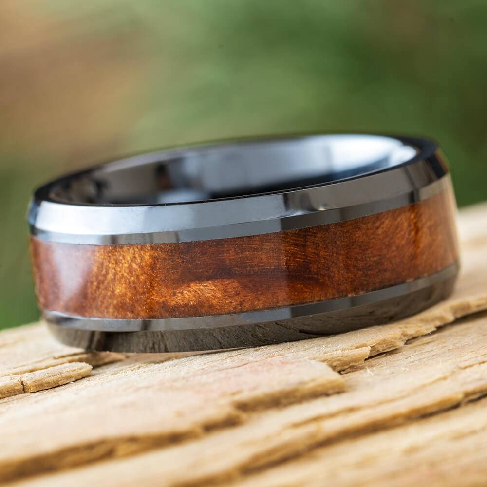 Redwood Burl Wedding Band in Black Ceramic