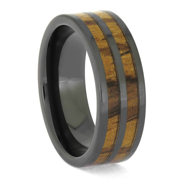 Handmade Zebrawood Ring in Black Ceramic