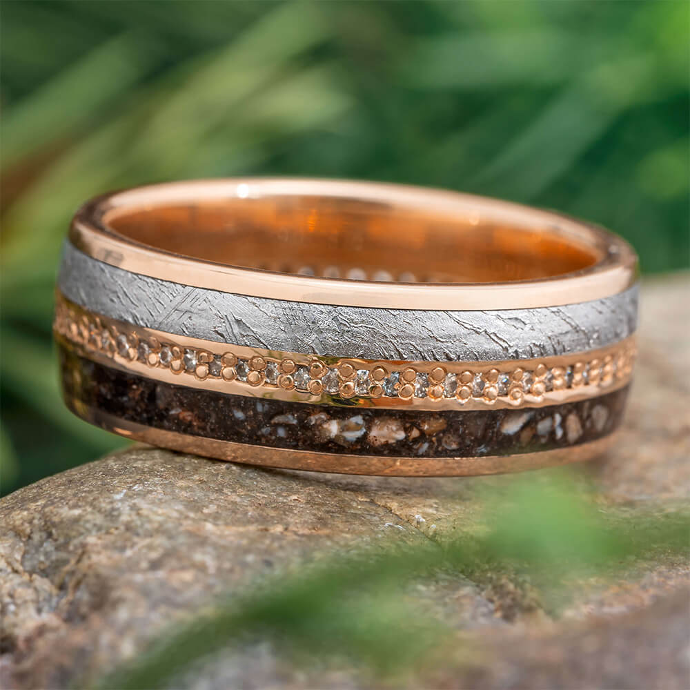 Rose Gold Wedding Ring with Meteorite and Dino Bone