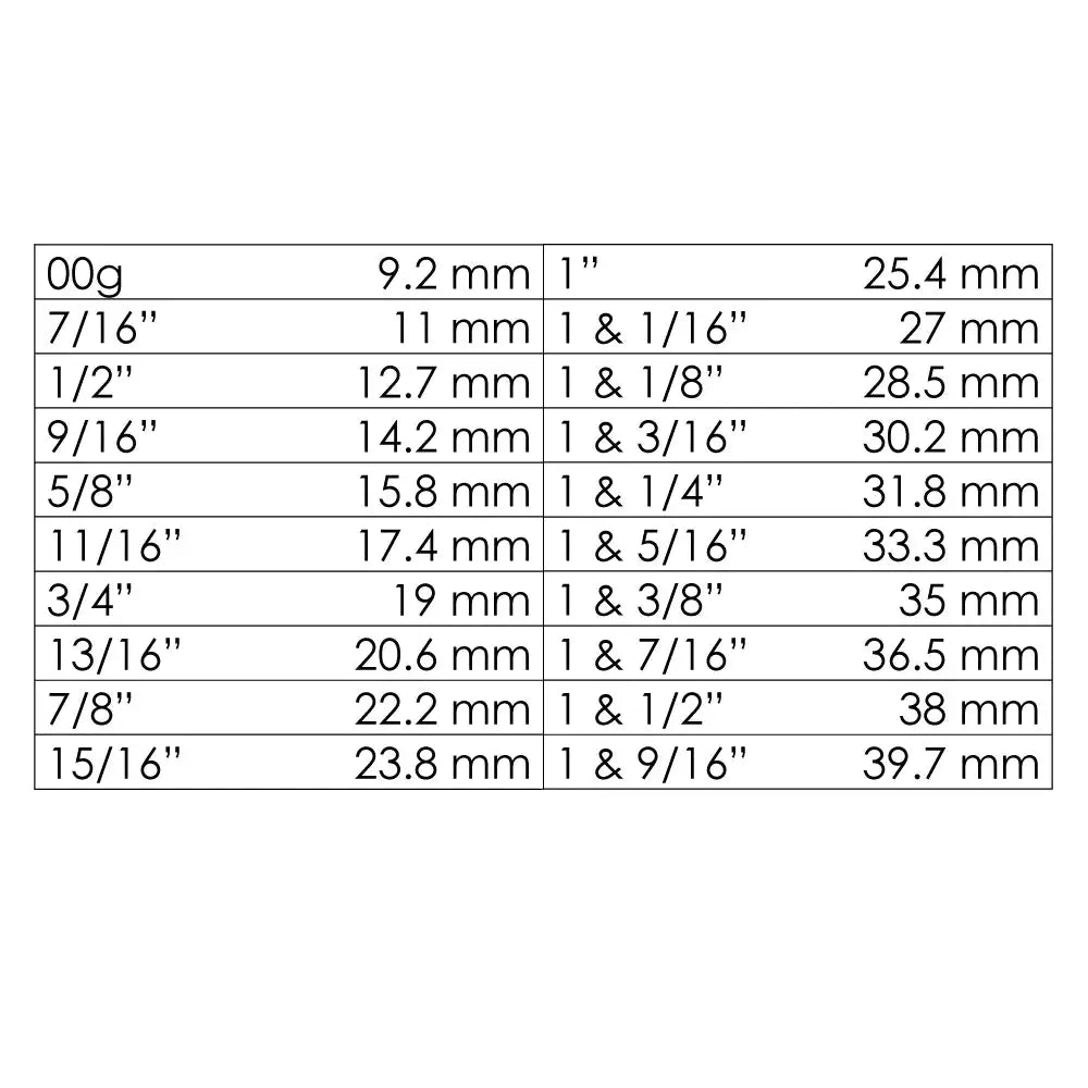 Ear gauge size conversion chart with dimensions