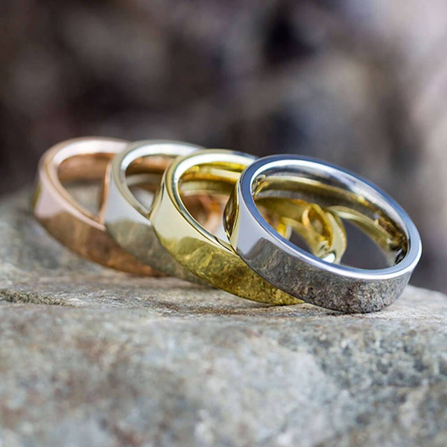 Four rings of different metal types on a rock