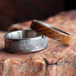 Titanium rings with whiskey barrel oak and meteorite inlays