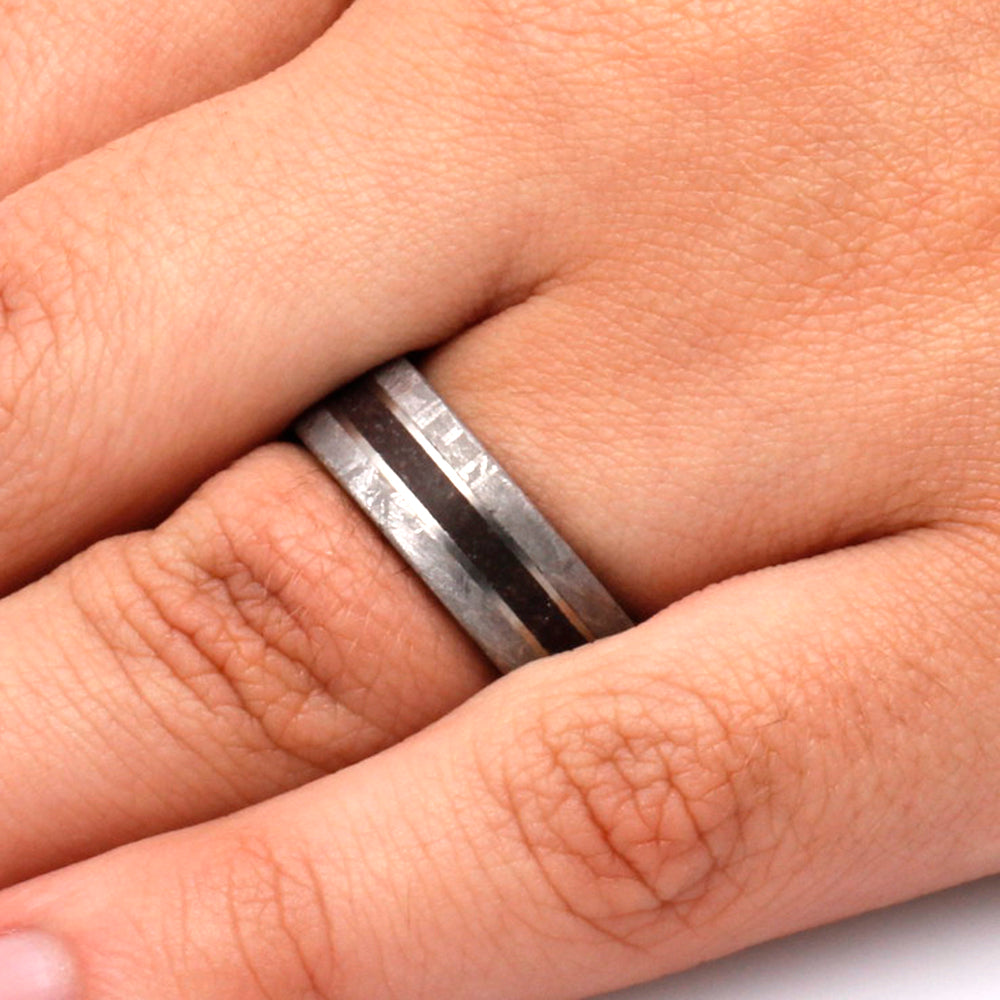 Gibeon Meteorite and Dinosaur Bone Wedding Band in Titanium