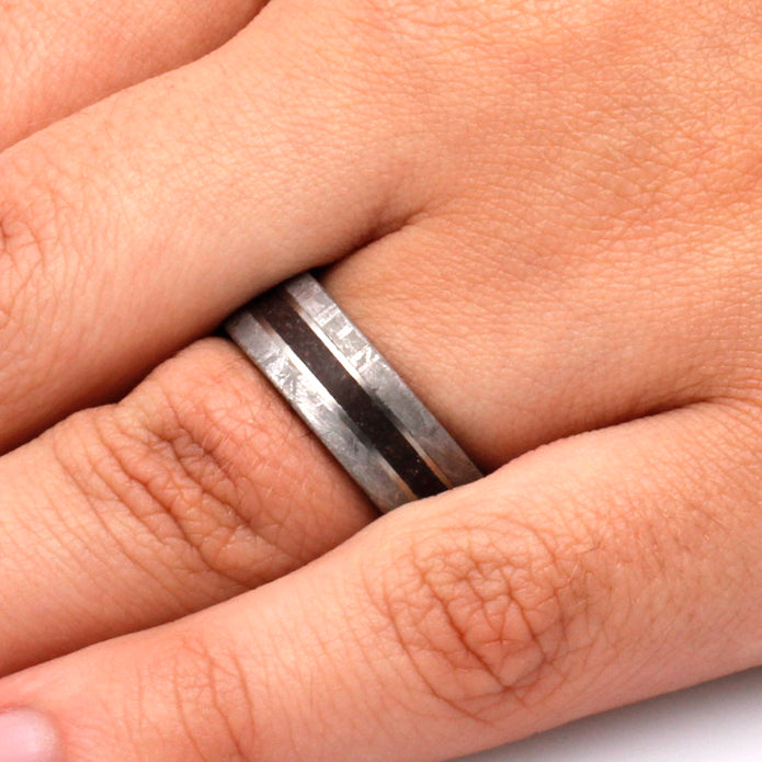 Gibeon Meteorite and Dinosaur Bone Wedding Band in Titanium