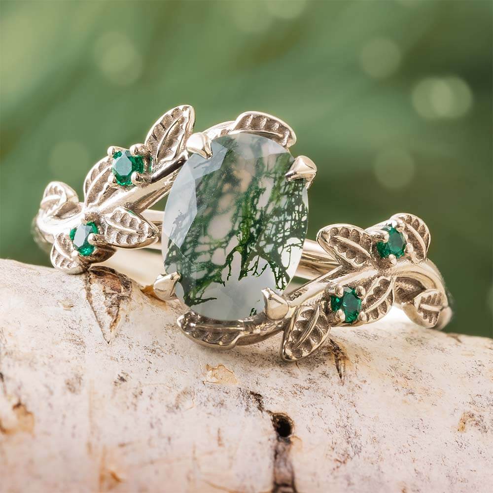 Floral Engagement Ring with Moss Agate | Jewelry By Johan