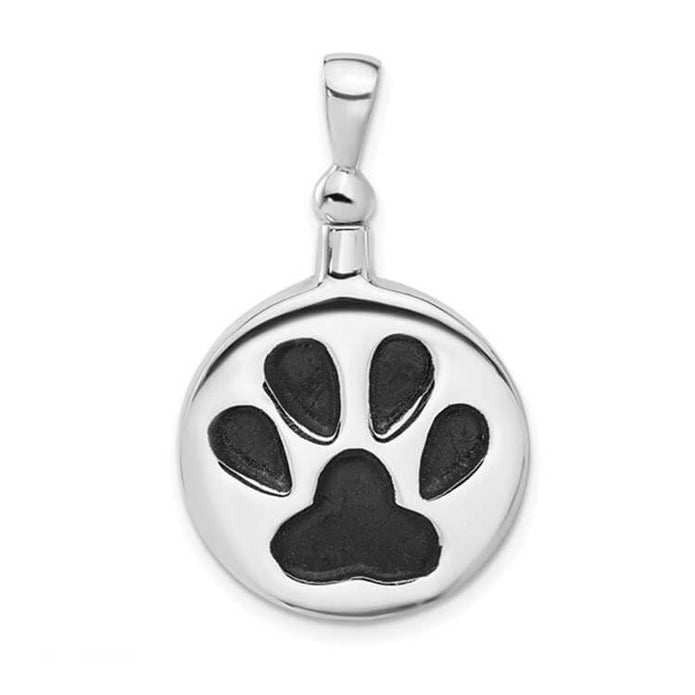 Silver pendant with a black paw print design on a white background