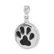 Silver pendant with a black paw print design on a white background