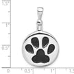 Silver pendant with black paw print design on a white background