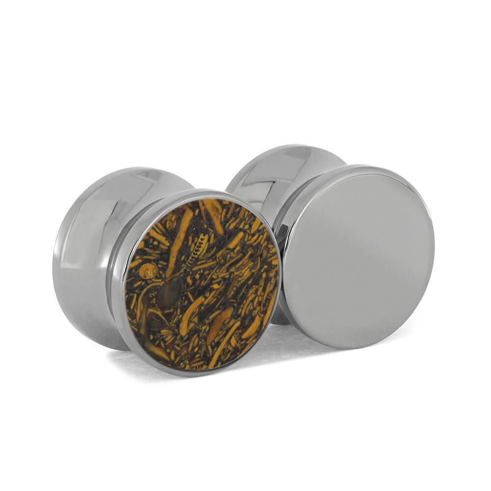 Titanium Coquina Jasper Ear Gauges, 5/8 inch, angled view