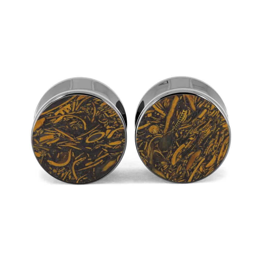 Titanium Coquina Jasper Ear Gauges, 5/8 inch, front view