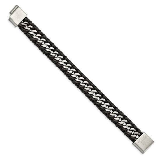Chain Bracelet with Black Leather