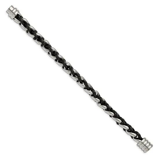 Braided chain and black leather bracelet, flat view