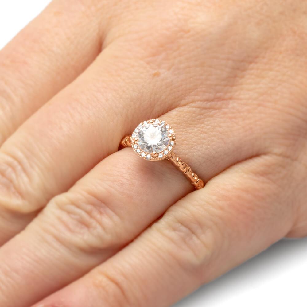 Gold Moissanite Halo Engagement Ring With Swirled Band-ST699-25M - Jewelry by Johan