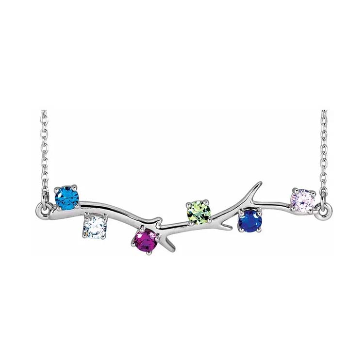 Silver Necklace with 6 Birthstones, Family Tree Design