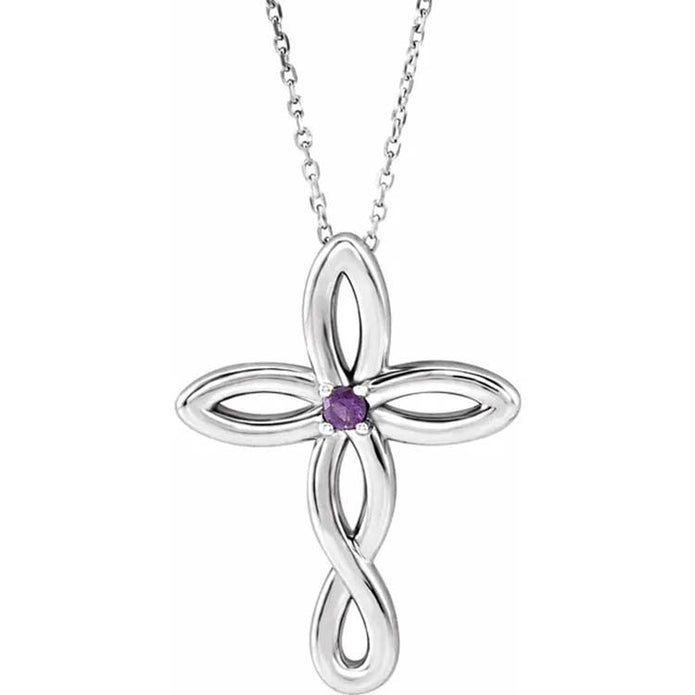 Silver cross pendant with a purple gemstone on a white background