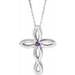 Silver cross pendant with a purple gemstone on a white background