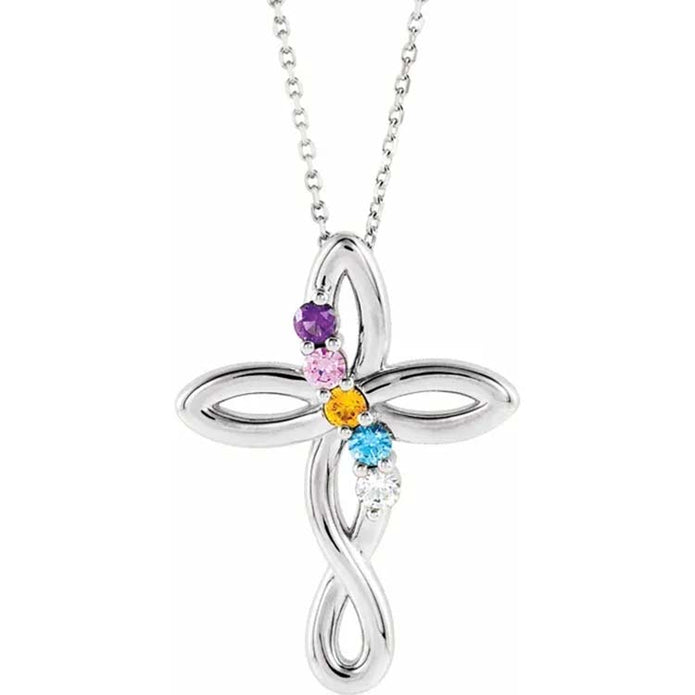 Silver Cross Necklace with 5 Birthstones