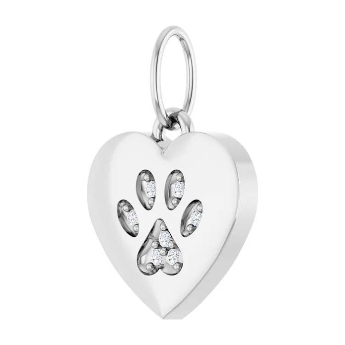 Silver heart-shaped pendant with paw prints on a white background