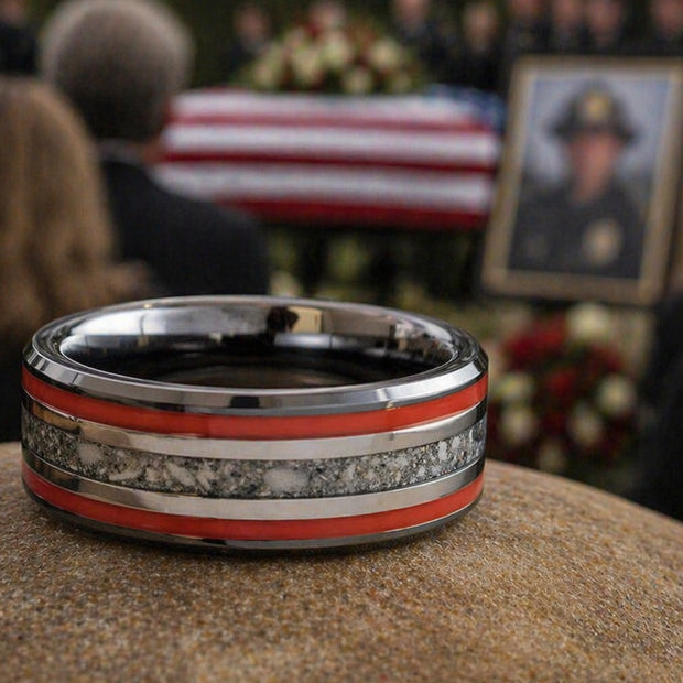 Black Ceramic and Red Enamel Memorial Ring