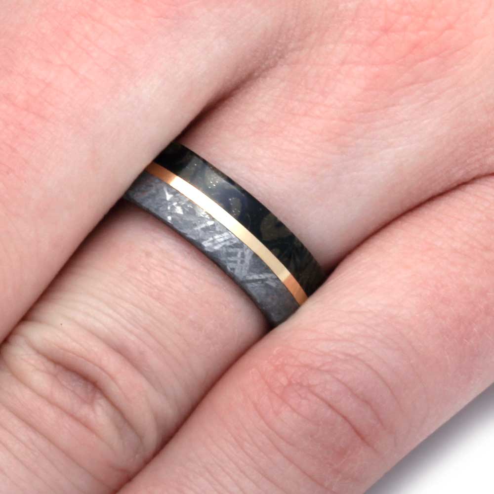 Mokume Gane Meteorite Ring on Finger with Gold Accent