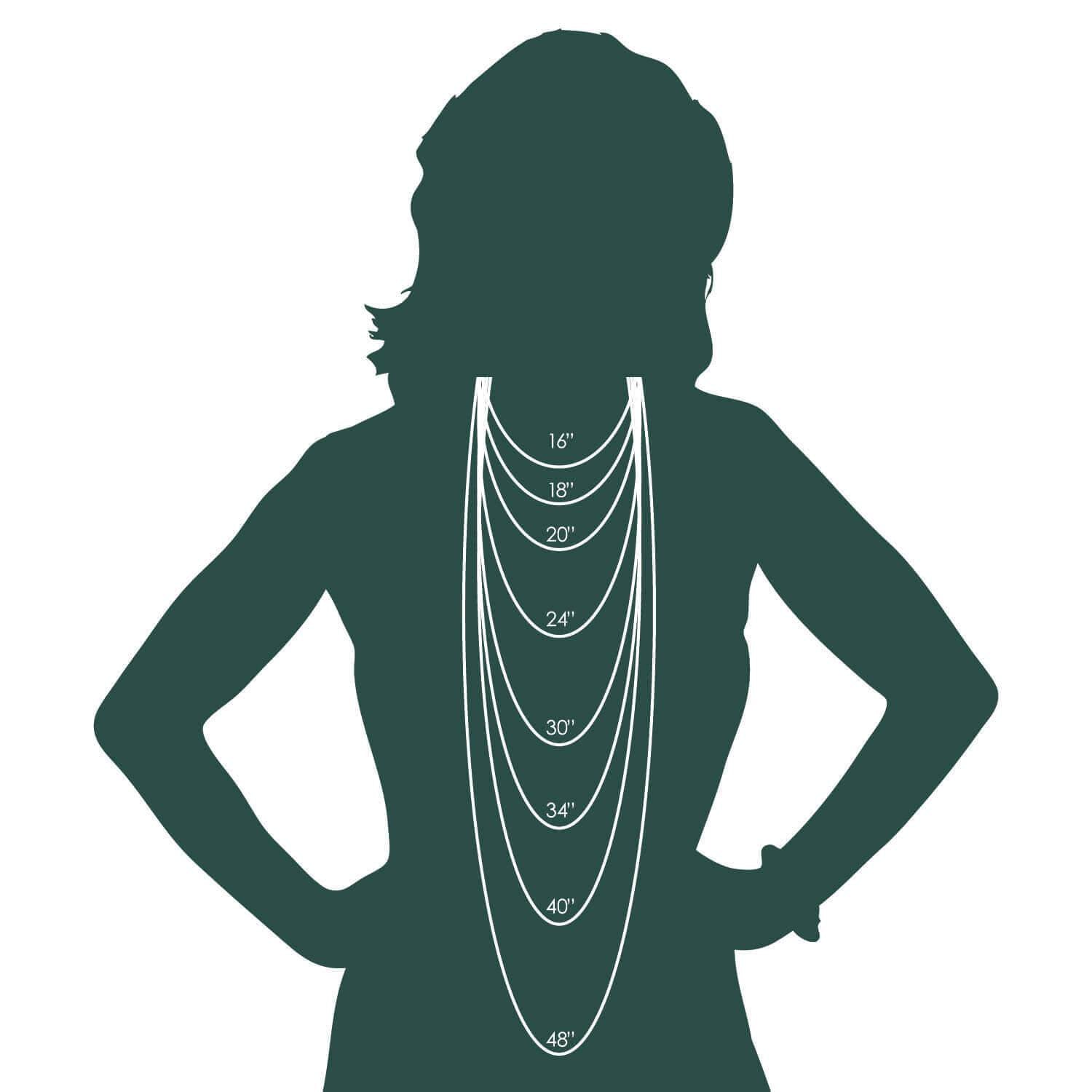 Silhouette of a woman with a necklace length chart on a white background