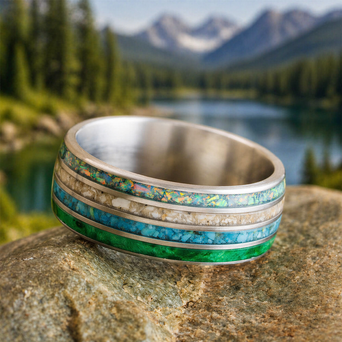 Memorial Ring with Opal, Turquoise, Ashes and Wood