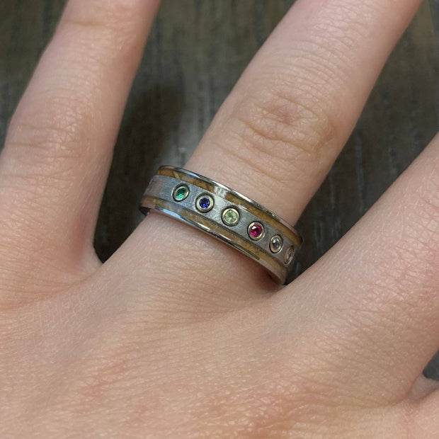 Meteorite And Whiskey Barrel Wood Ring With Stones, Size 5.75-RS10189 - Jewelry by Johan