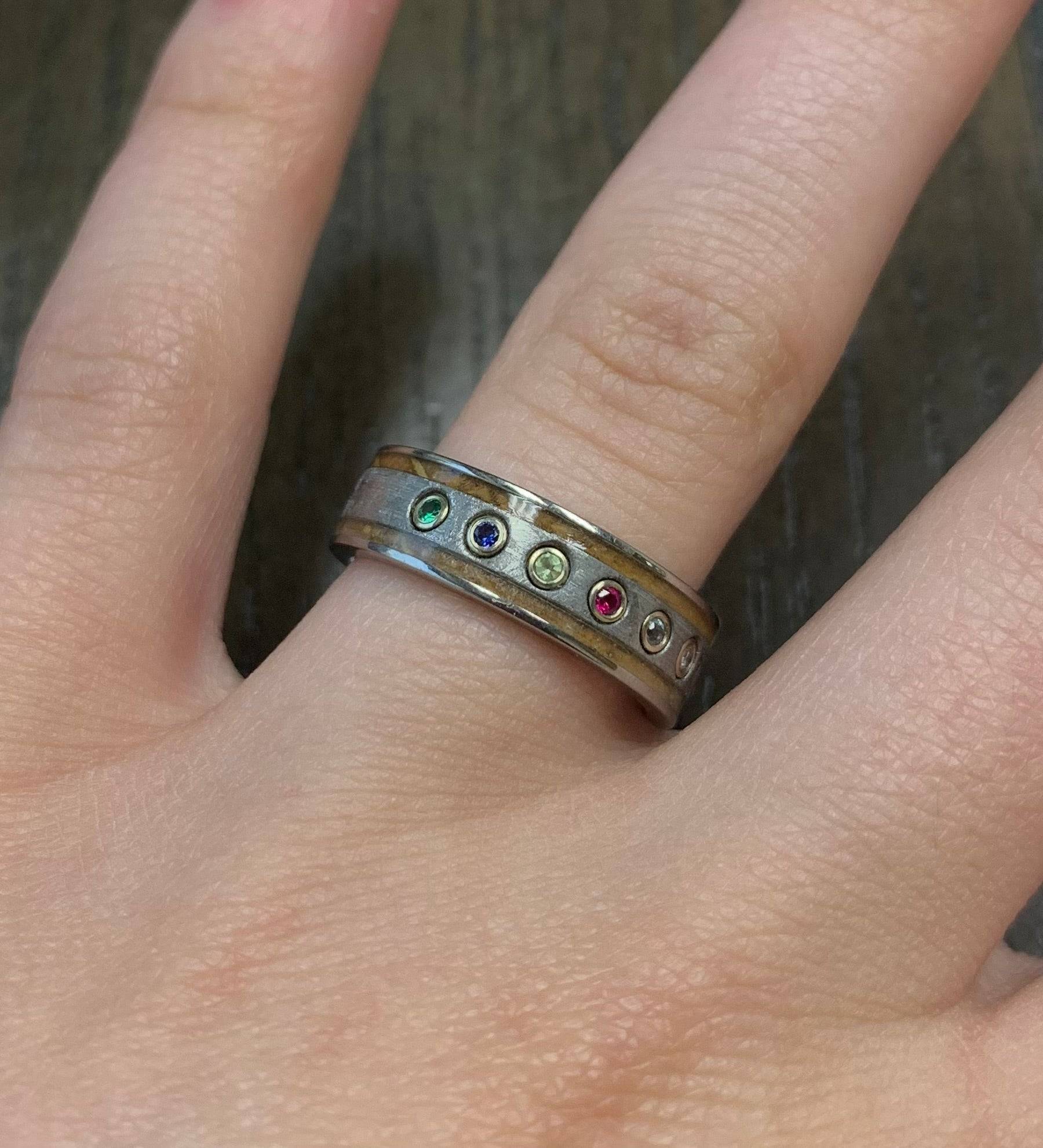 Meteorite And Whiskey Barrel Wood Ring With Stones, Size 5.75-RS10189 - Jewelry by Johan