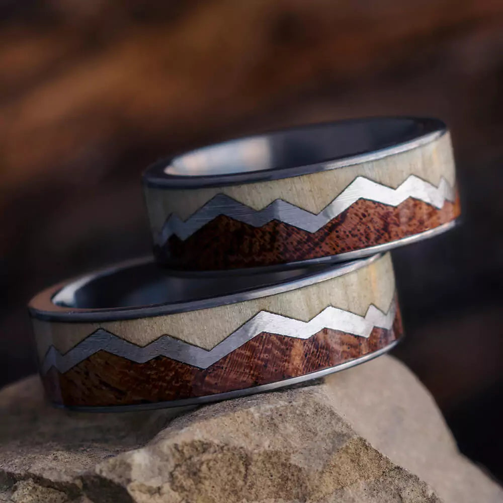 Wood Rings with mountain range and with Dark wood and Light wood