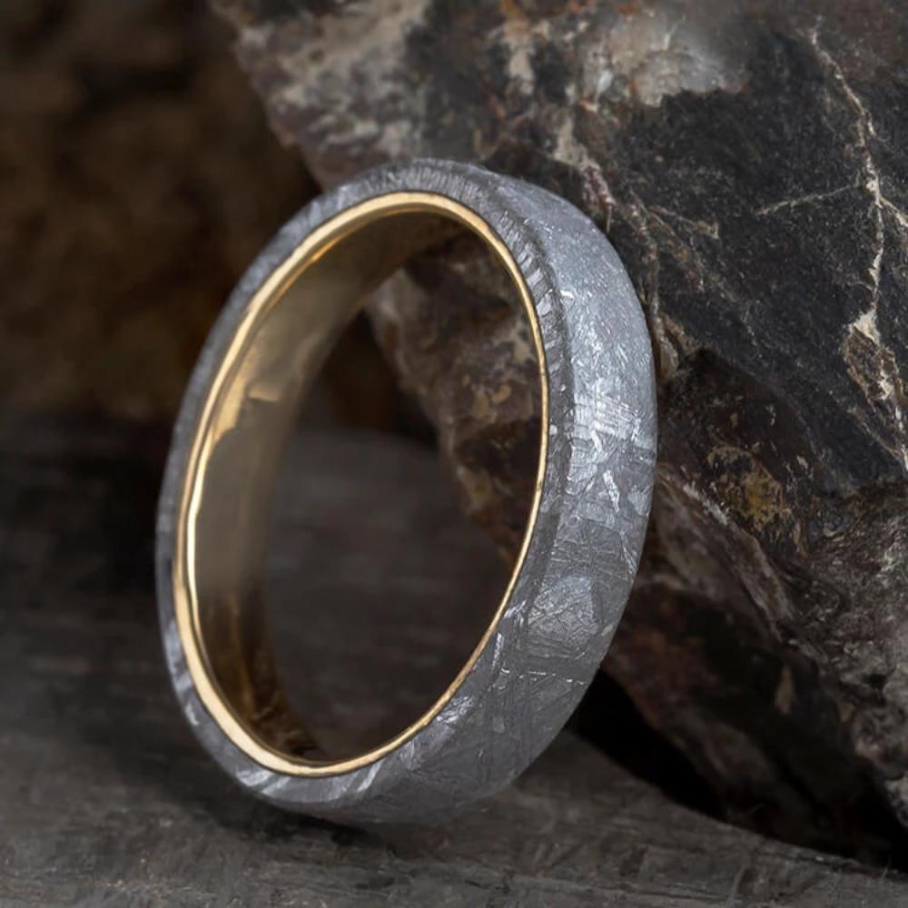 Simple Meteorite Ring, Yellow Gold Wedding Band Overlaid With Gibeon Meteorite-1664 - Jewelry by Johan