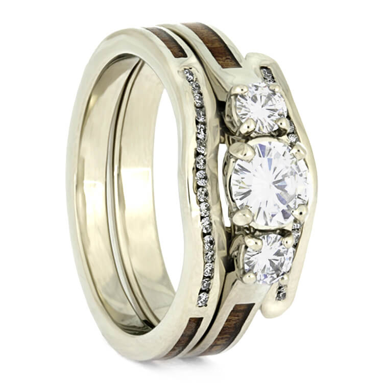 Koa Wood Bridal Set, Three Stone Engagement Ring, White Gold Wedding Band