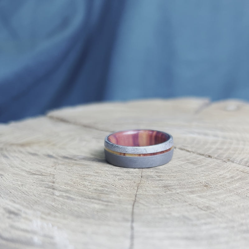 Exotic Wood & Meteorite Wedding Band With Sandblasted Titanium