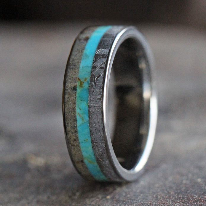 Turquoise Men's Wedding Band, Meteorite Ring With Dino Bone-3501 - Jewelry by Johan