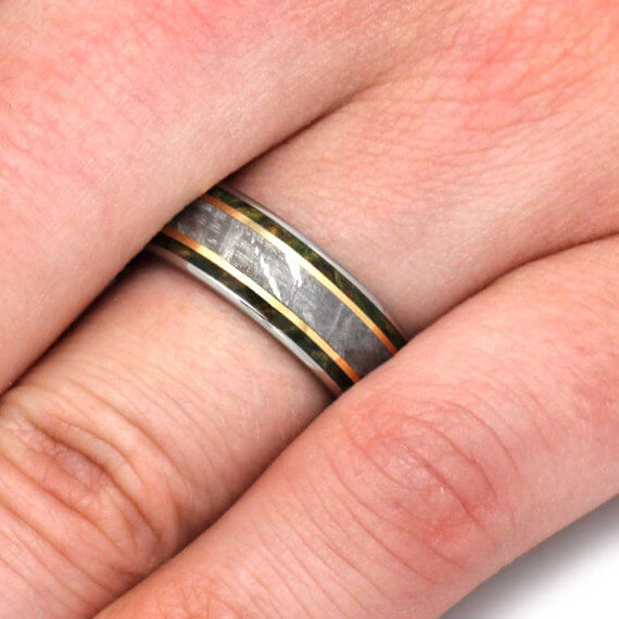 Meteorite Men's Wedding Band With Gold Stripes, Green Wood Ring-2720 - Jewelry by Johan