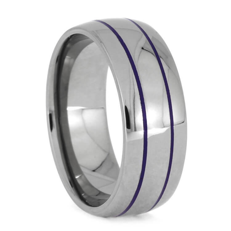 Thin Purple Striped Ring In Polished Titanium