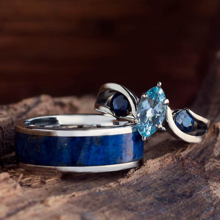 Blue Wedding Ring Set With Aquamarine Engagement Ring and Lapis Band