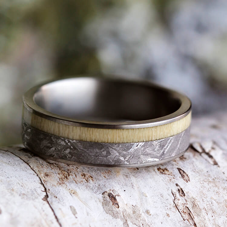 Aspen Wood Ring With Meteorite, Titanium Men's Wedding Band-2417 - Jewelry by Johan