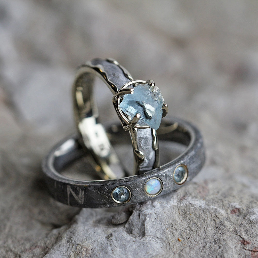 Gemstone Wedding Ring Set with Rough Aquamarine | Jewelry by Johan -  Jewelry by Johan