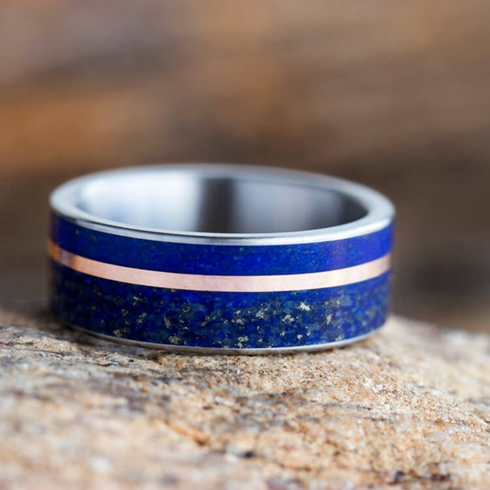 Lapis Lazuli Wedding Band With Rose Gold Pinstripe-3683 - Jewelry by Johan