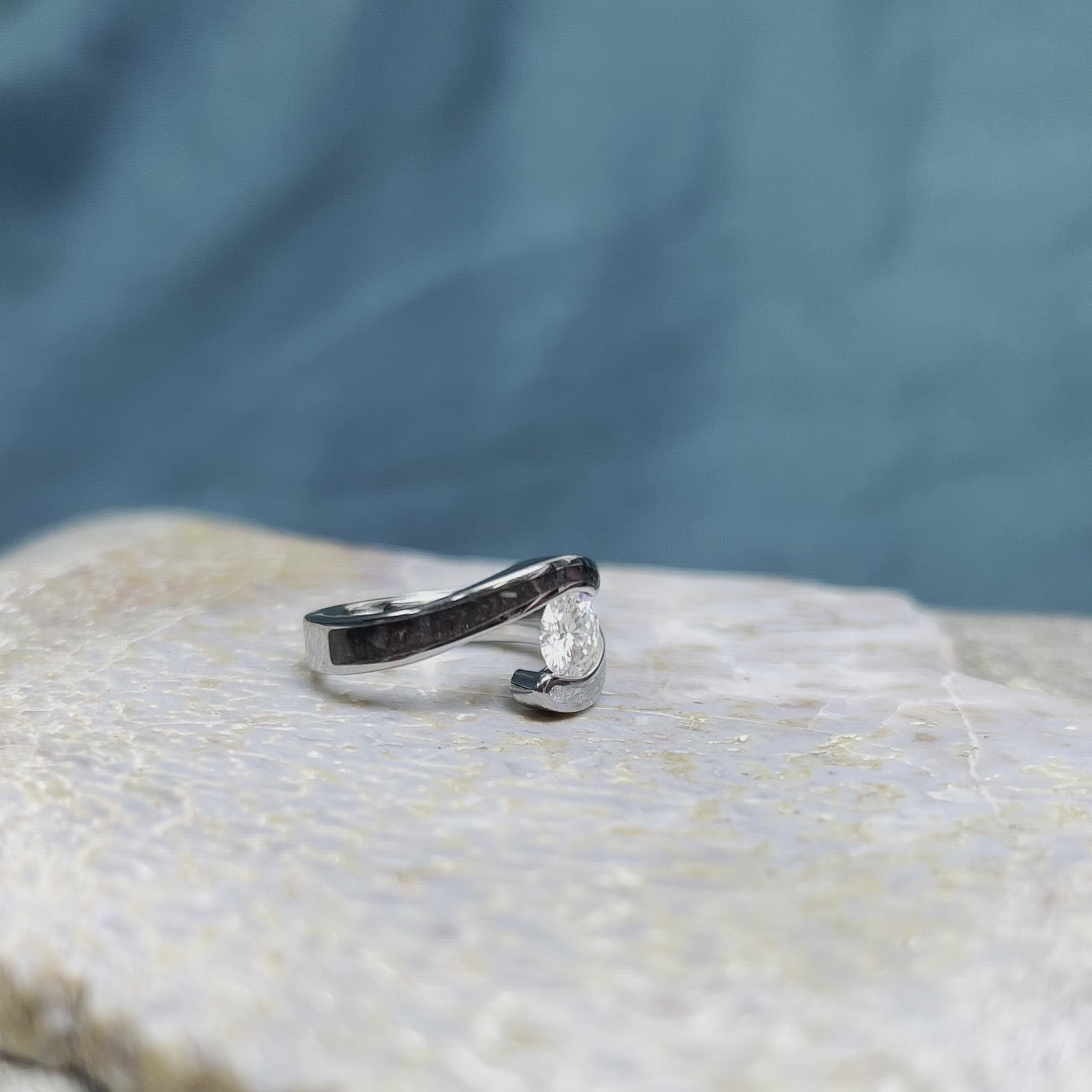 White Sapphire Engagement Ring, Titanium Meteorite Ring With Dinosaur Bone