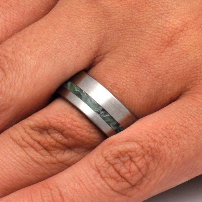 Jade Ring, Titanium Wedding Band with Wood Sleeve and Jade Inlay-3229 - Jewelry by Johan