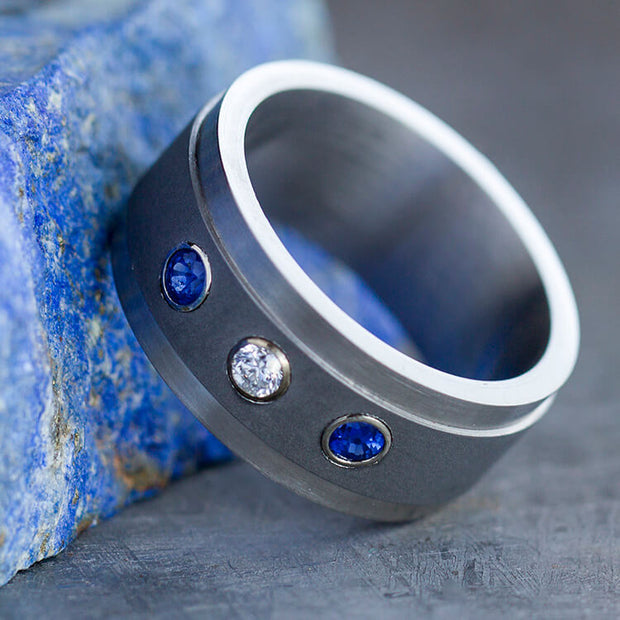 Titanium Ring with Diamond and Blue Sapphires Set in Yellow Gold-1814 - Jewelry by Johan