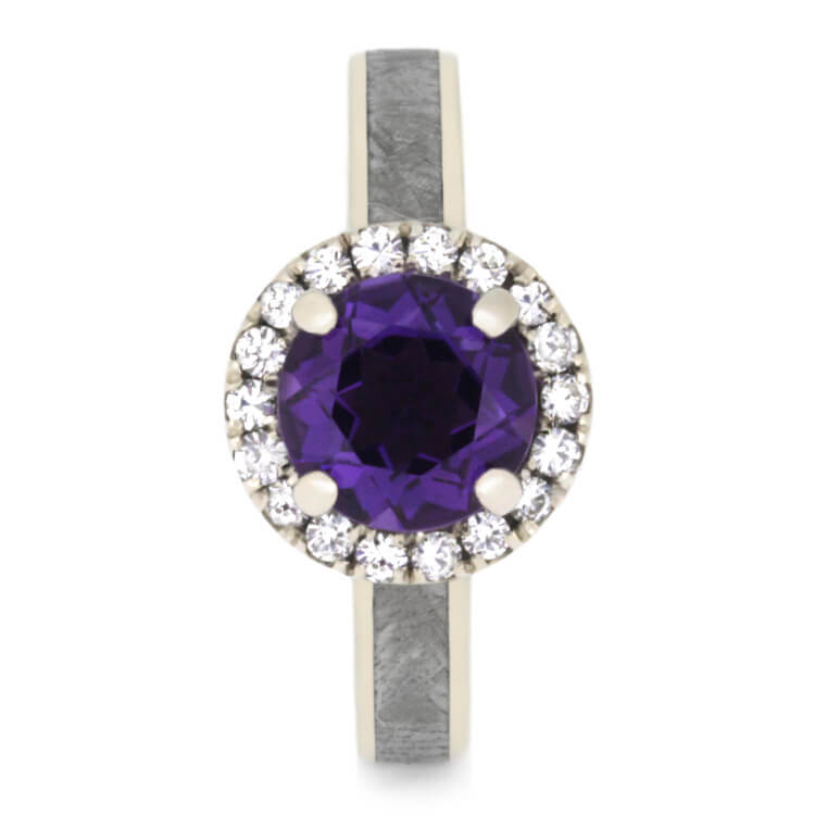 Amethyst Engagement Ring, White Gold Halo Ring With Meteorite-2590 - Jewelry by Johan