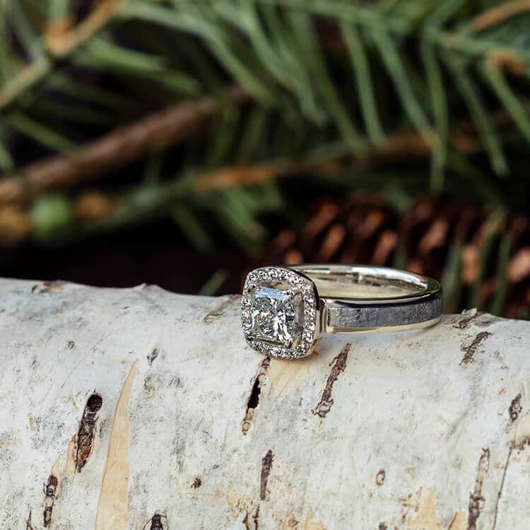 Moissanite Ring with Diamond Accents and Meteorite in White Gold-1702 - Jewelry by Johan